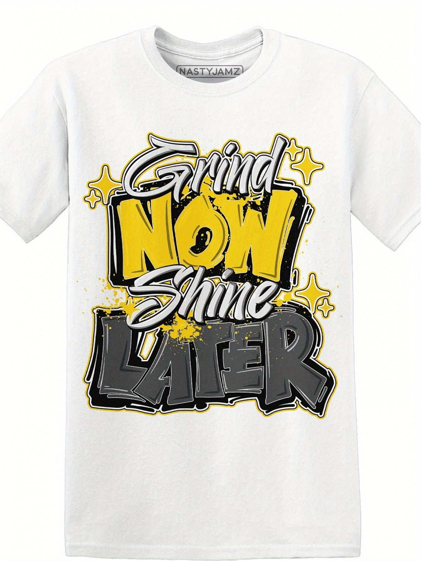 Men's Retro Streetwear T-Shirt with Bold 'GRIND NOW LATER' Graphic Print - 100% Soft Cotton, Pre-Shrunk & Machine Washable, All-Season Comfort, Regular Fit Crew Neck Tee in Bright Yellow & Black on White Base for Casual, Spor