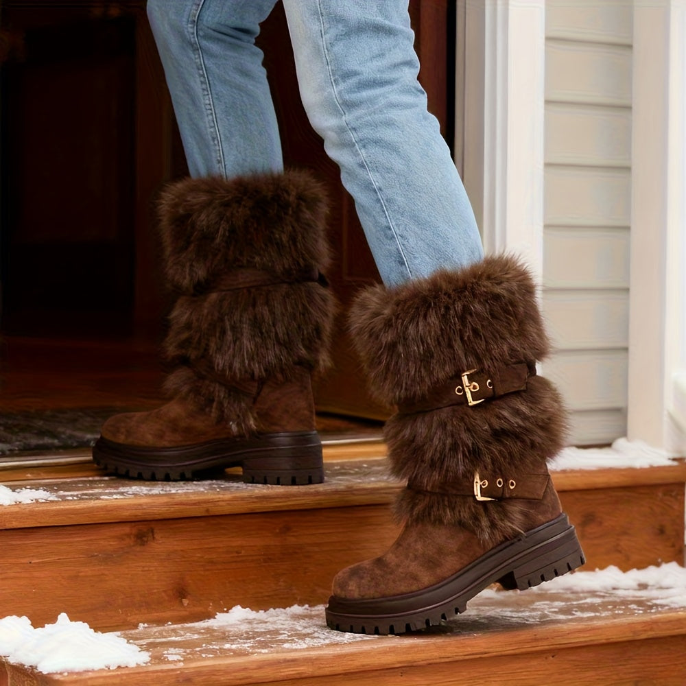 faux fur Mid-Calf Snow Boots for Women | Round Toe Platform Heel, Non-slip Pull On, Warm Shoes with Buckle Decor, Fluffy Furry, Comfortable Fashion Luxury Outfit, Outdoor Winter Booties Woman