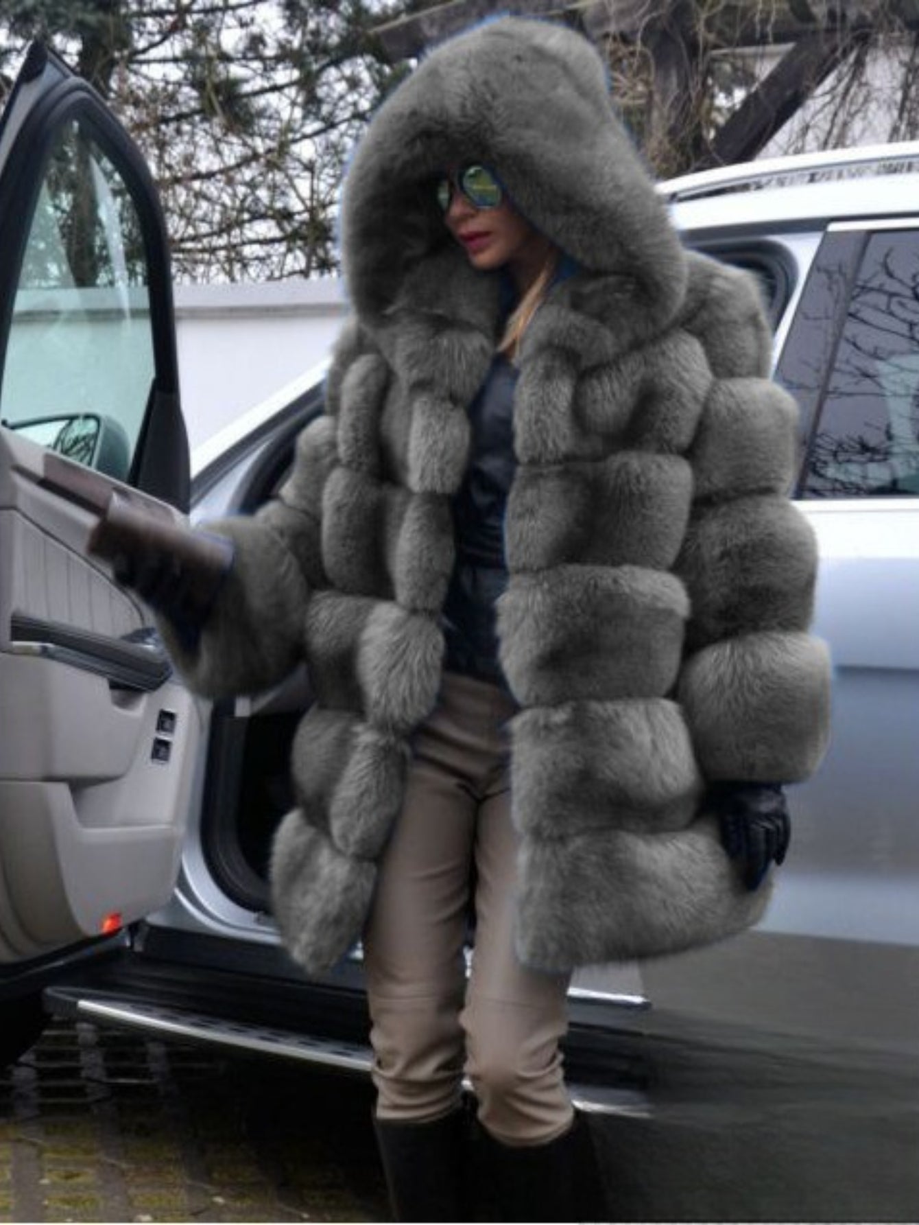 Plus Size, HERTALK Women's Plus Size Pink Faux Fox Fur Coat - Hooded Winter Jacket with Collar, H-Line Silhouette & Full-Length Hem Slit - Luxurious Imitation Fur Outerwear (Pink/) - Machine Washable