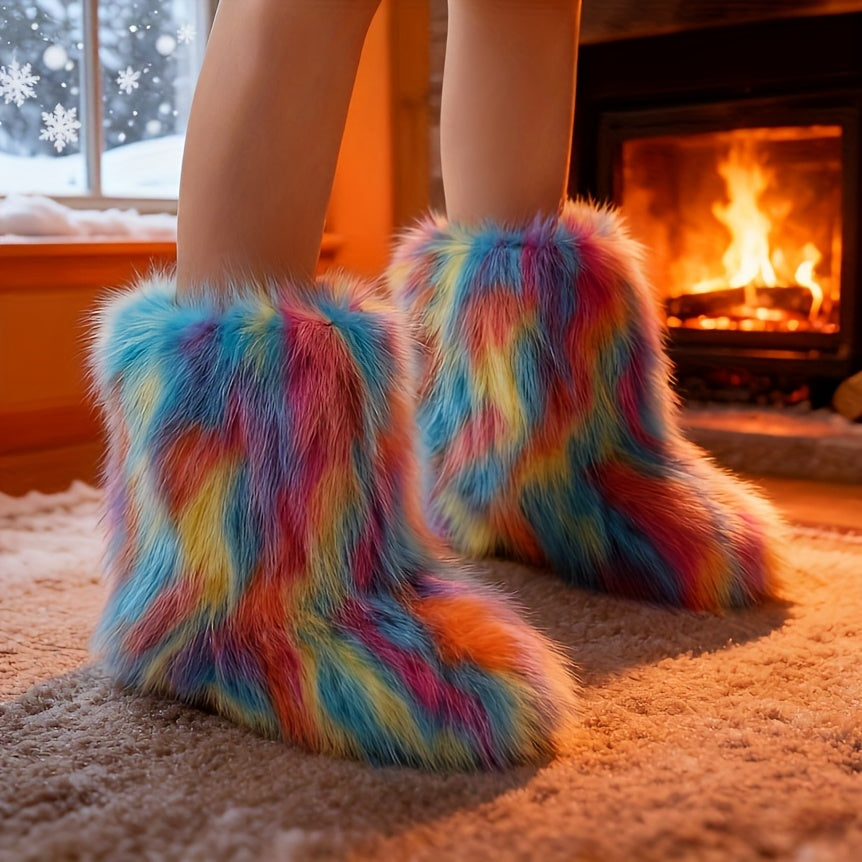 Women's Comfortable Winter Knee-High Boots - Soft Pink Faux Fur Lining, Suitable for Cold Weather, Winter Footwear | Furry Winter Boots | Comfortable Fabric Boots, Winter Shoes, Home Shoes, Slippers, Faux Fur Boots, Women's B