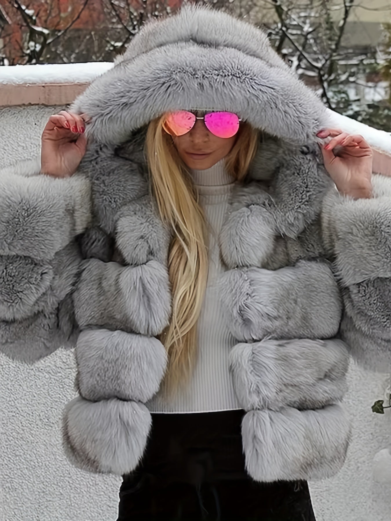 Plus Size, Women's Plus Size Oversized Hooded Faux Fox Fur Coat - Winter Warm Coat with Hood & Plush Fur Trim, Machine Washable Grey Jacket for Cold Weather, Casual Outerwear (No- Design) - Coat for Blonde Lady Picture