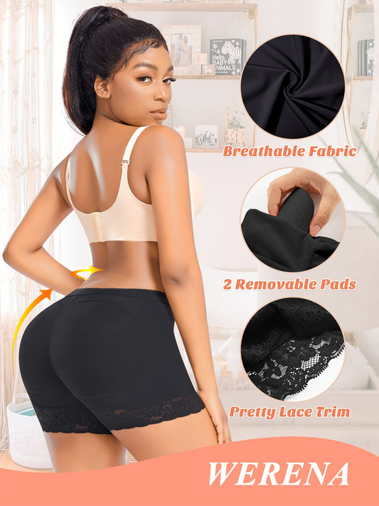 Women's Seamless Lace Shapewear Boyshorts - Padded Butt Lifter Panties with Floral Lace Trim, Beige, Comfortable & Breathable Design for Casual Attire, Cute Panties