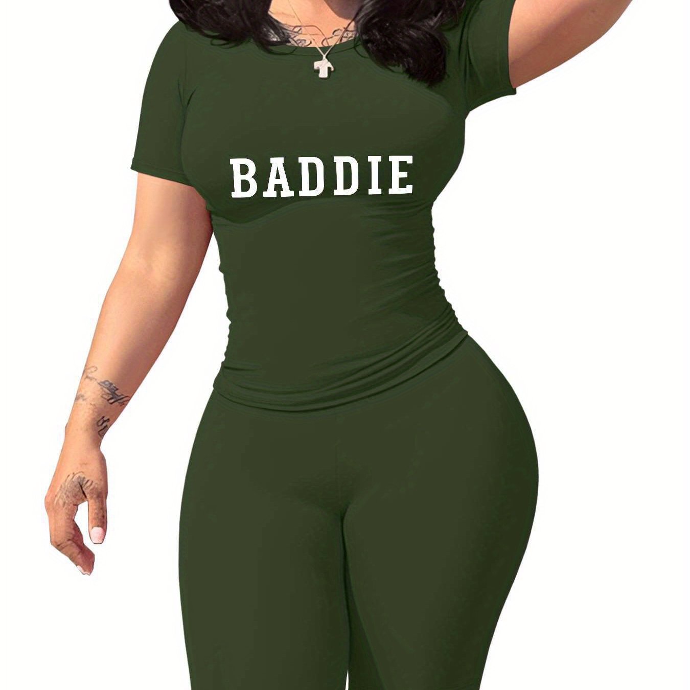 Baddie Women'S SlimFit TShirt and Shorts Set, Premium Baddie Lettering Print, Durable Baddie Graphic Design, Casual Baddie Style Fashion with Soft Fabric, Comfortable and LongLasting Baddie Trend., Allseason Apparel, Trendy O