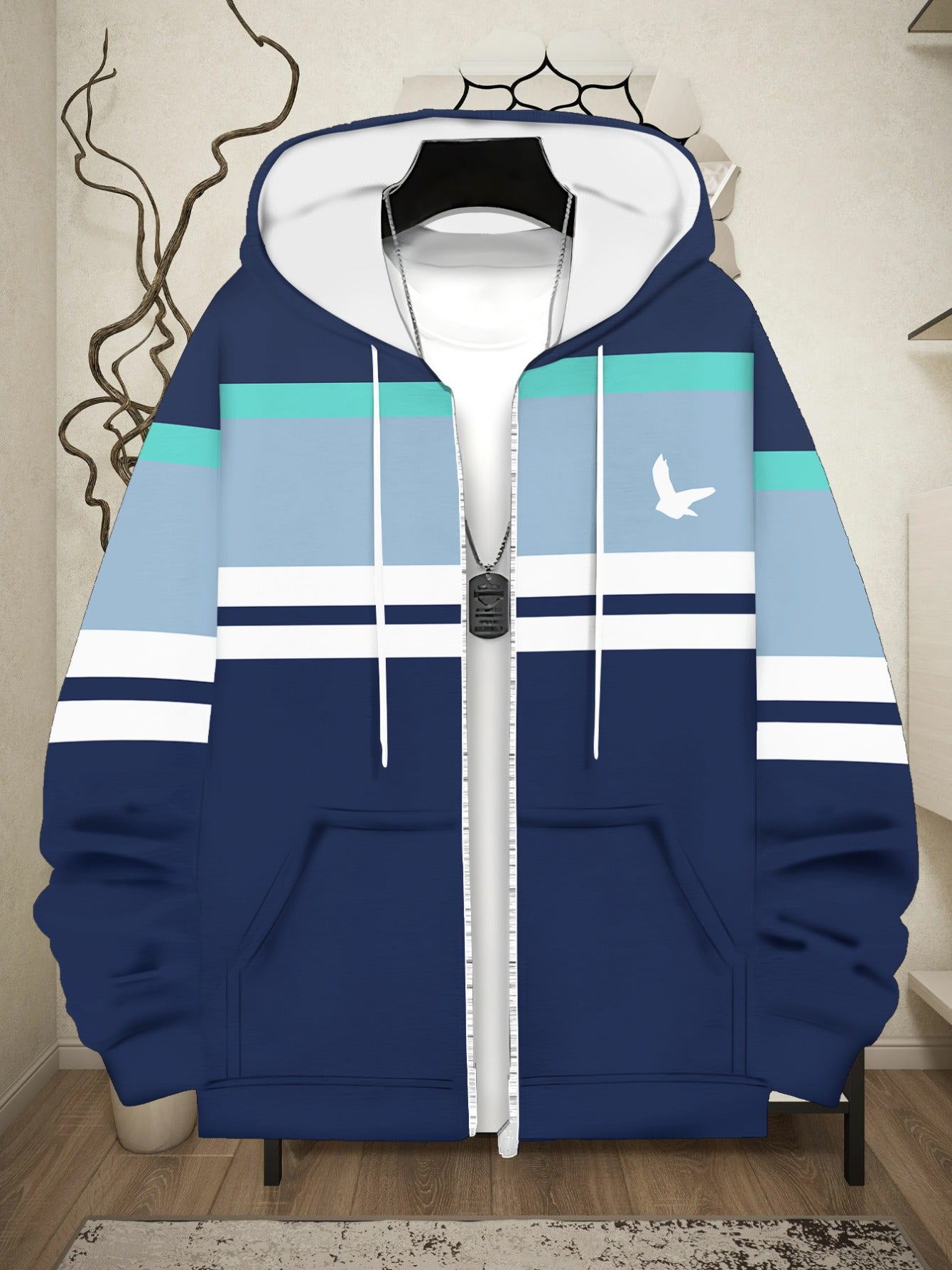 Men'S Lightweight Hoodie - Navy Blue & Aqua Stripes Zip-Up Pullover, Breathable Polyester Hooded Sweatshirt for Gym, Hiking, Casual Outfits - Athletic Casual Attire with Full-Zip Closure, Gym Hoodie, Outdoor Apparel, Sporty D