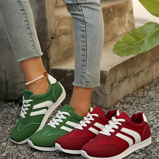 Women's Lightweight Skate Shoes - Easy-Clean Synthetic Microfiber Leather, Breathable Fabric Lining & EVA/Rubber Sole for Superior Grip - All-Season Casual Sports Sneakers with Striped Design (Red/Green), Lifestyle, Trendy Fo