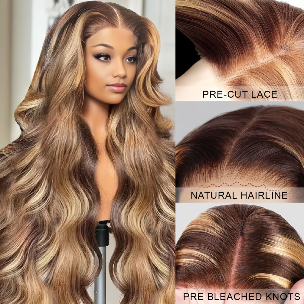 Glueless Human Hair Wig with 7x5 Lace Front - Ombre Highlight #FB30 (Balayage Blonde/Brown) Pre-Bleached Invisible Knots, 250% Density Body Wave Brown to Blonde Ombre, No Glue Needed, Instant Wear for (Lace Frontal Wigs