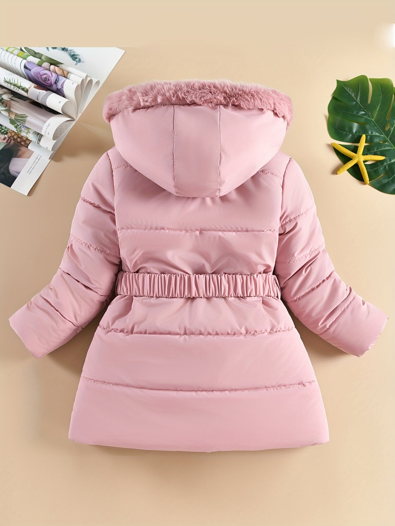 Stylish Girls' Winter Coat with Faux Fur Hood, Heart-Shaped Diamond Pattern, Warm Mid-Length Parka with Belt - Beige, Polyester, Fall/Winter Outerwear for Girls, Girls Winter Clothes