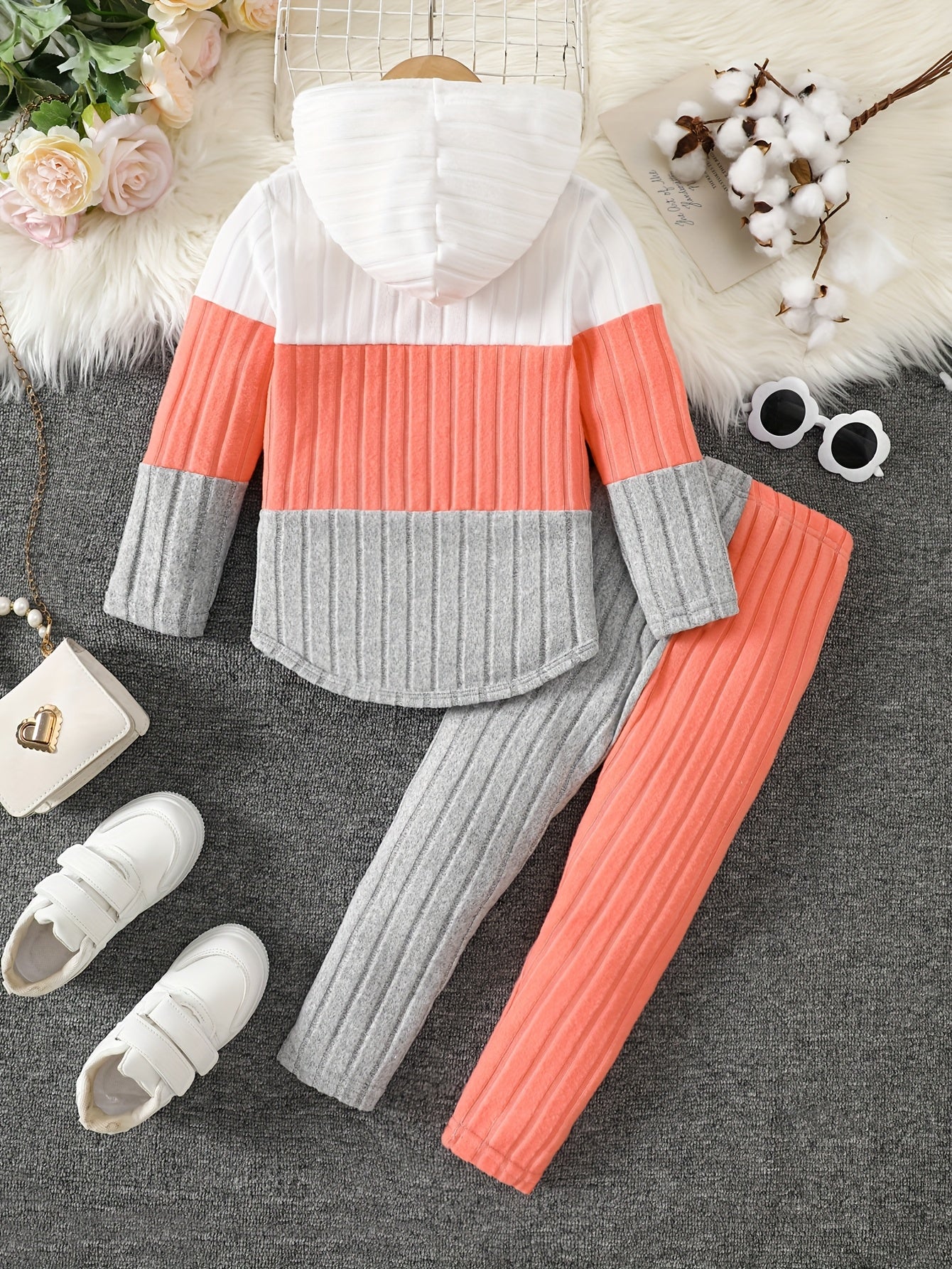 [Girls' Hoodie Set] 2pcs Girls' Pullover Hoodie Set | Long Sleeve, Color Block Patchwork, Lined Warm Knit Fabric | Autumn/Winter, Ages 1-8, Casual & Sports