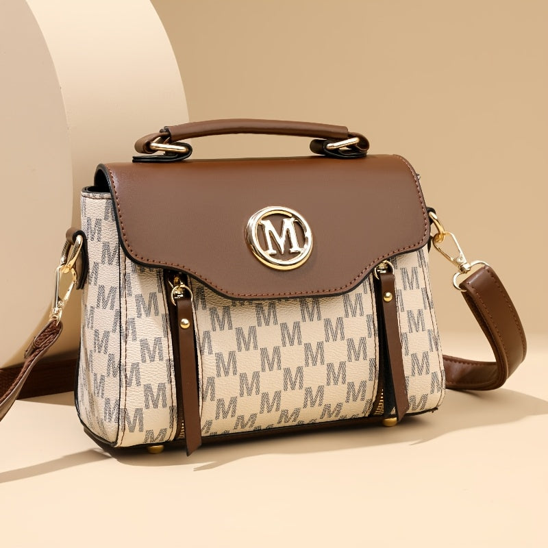 Vintage Geometric Women's Handbag - Large Capacity PU Shoulder Bag with Golden-Tone Hardware, Herringbone Pattern & Letter "M" Design, Detachable Strap, Perfect for Everyday Use (Light Brown/White/Black)