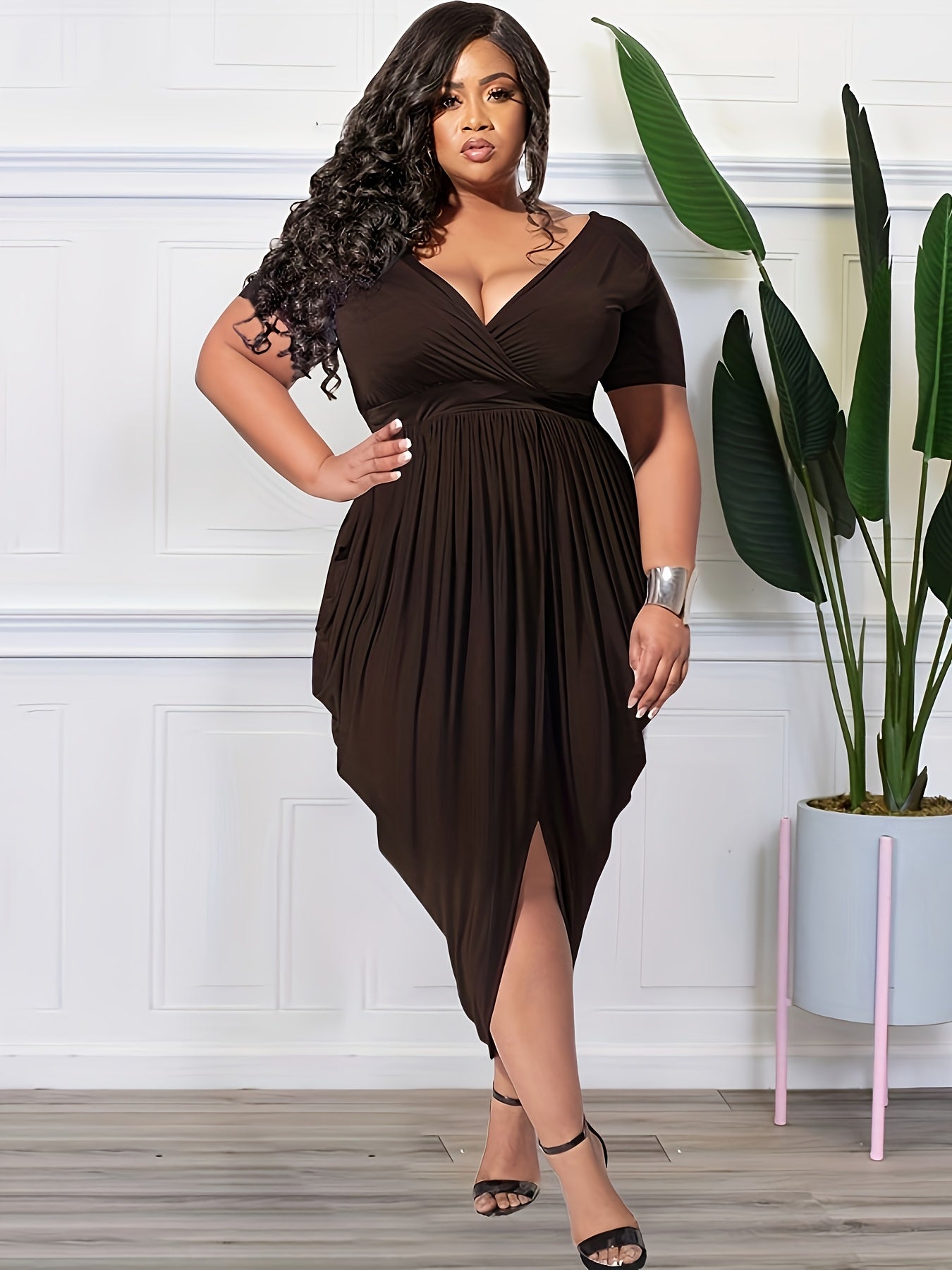 [Sensual Bodycon Dress] Sensual Plus Size Bodycon Midi Dress | Stretchy Polyester-Spandex Blend, Machine Washable, Deep V-Neck with High-Low Hem, Perfect for Parties & Night Out, Evening Event Attire