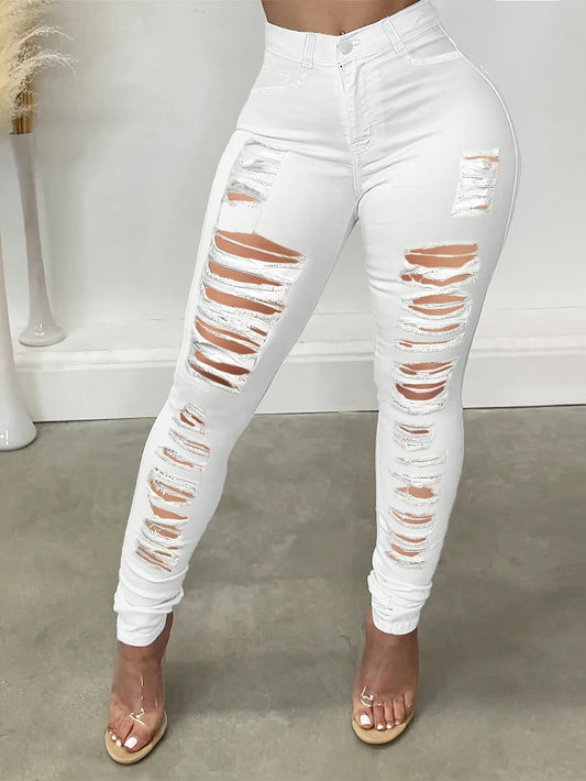 Ladies' Ripped Denim Pants - Fashionable, Practical, Elastic Leggings with Zipper Design | Daily Wear