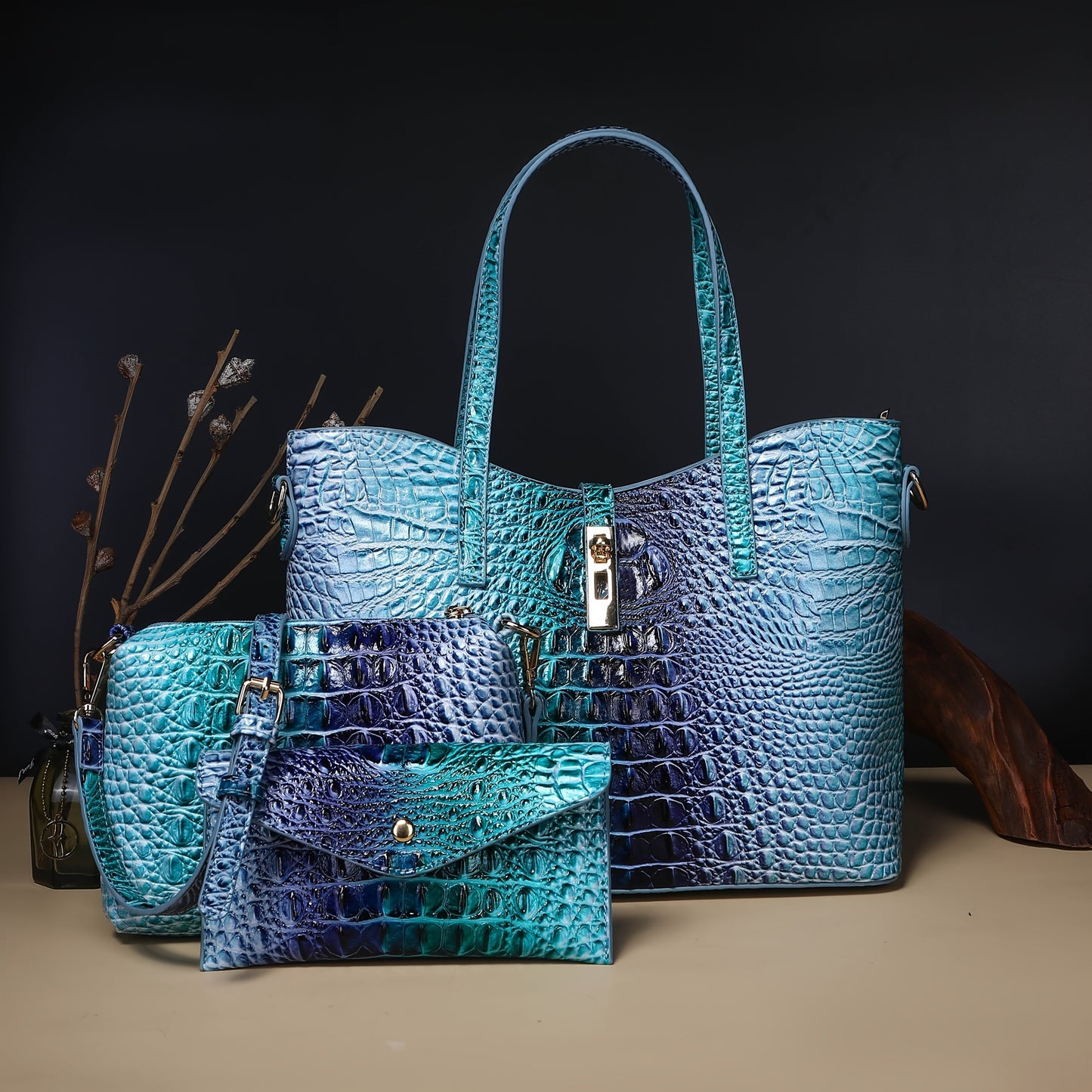 3pcs Set: Colorful Crocodile Pattern Large Capacity Faux Leather Tote & Crossbody Bags With Matching Wallet Combo, Christmas, Mother'S Day Gifts, Halloween Gifts
