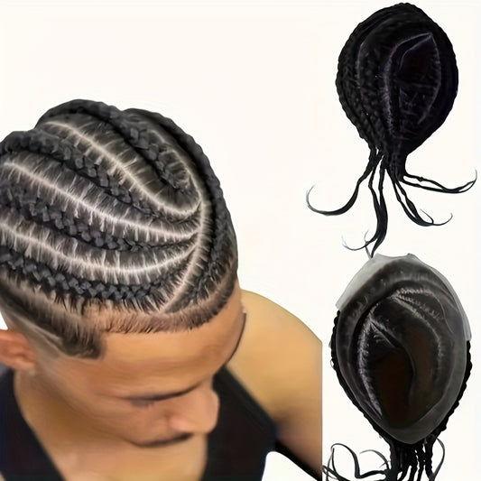 MaKI Men's Black Cornrow Braids Toupee - Easy-to-Wear High-Temp Synthetic Hair, Natural-Looking Daily Style for All Ethnicities, Braided Hair Piece