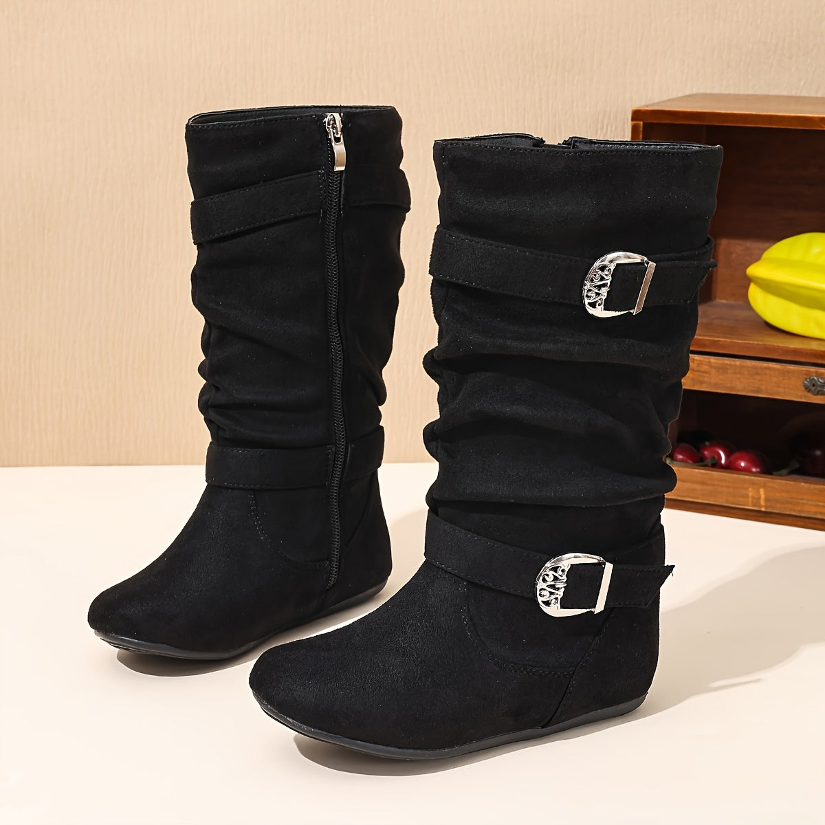 Girls' Pleated Mid-Calf Boots with Fringe & Buckle - All-Season Zipper Closure Round Toe School Shoes, Soft TPR Sole & Fabric, Cute Brown/Black Casual Boots for Kids ( to Teen) - Comfortable Everyday Boots