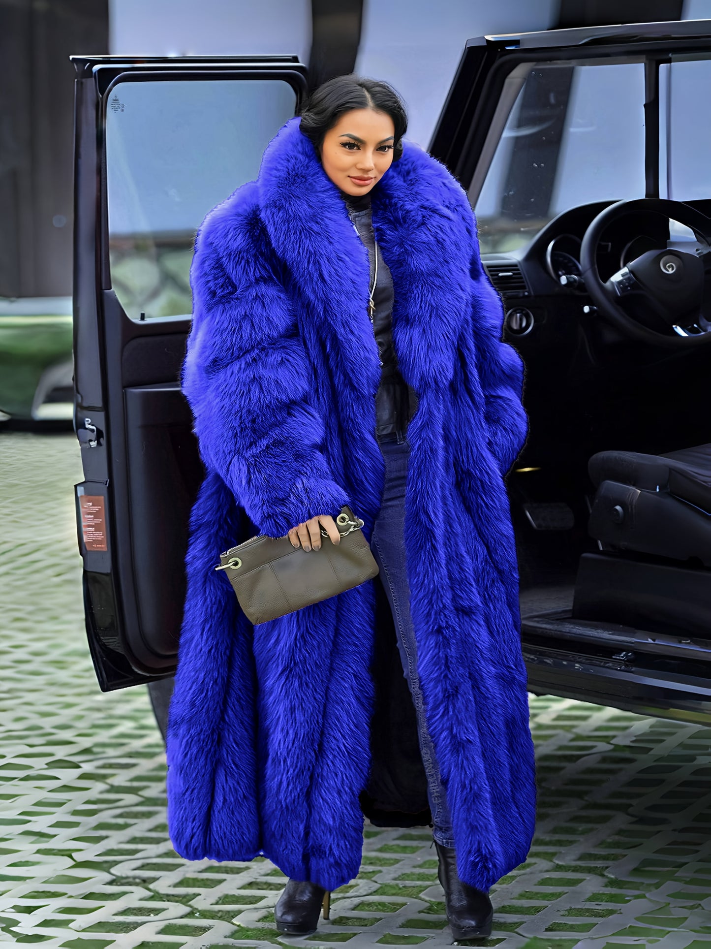 Plus Size - Plus Size Long Faux Rabbit Coat for Women | Stylish and Casual with Elegant Vibe, Non-Stretch Fabric, Lapel Collar, Solid Color, Regular Sleeve, Long Length, Fall/Winter Season