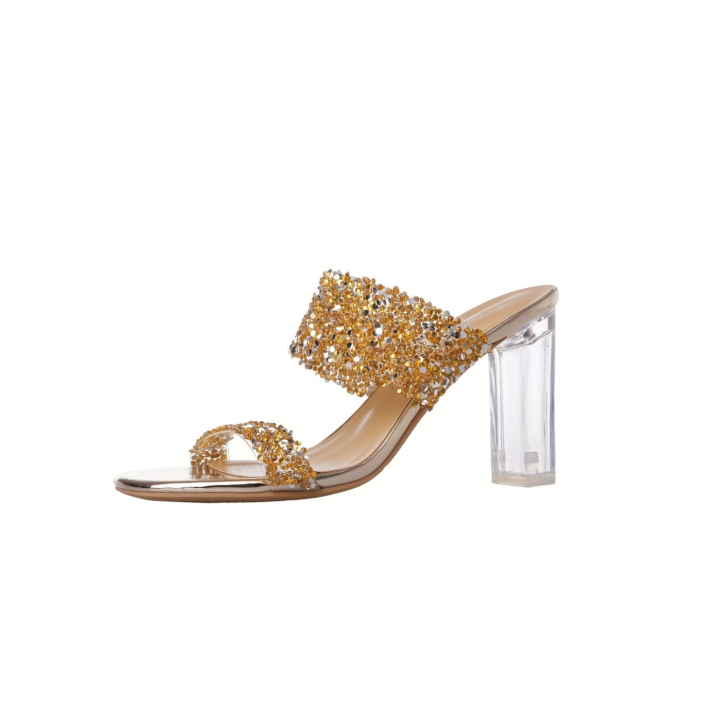 [Glittery Heels] Glittery Rhinestone Block Heel Shoes for Women | 7cm High Heel, Durable Rubber Sole, Comfortable & Stylish for Summer, Sequin Embellished Dress Shoes