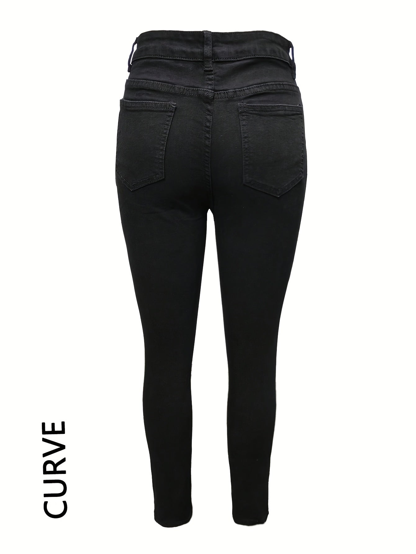 Women's Stretchy Ripped Skinny Jeans - Mid-Rise Black Denim with Pockets, Distressed Design, Comfortable & Stylish for All Seasons
