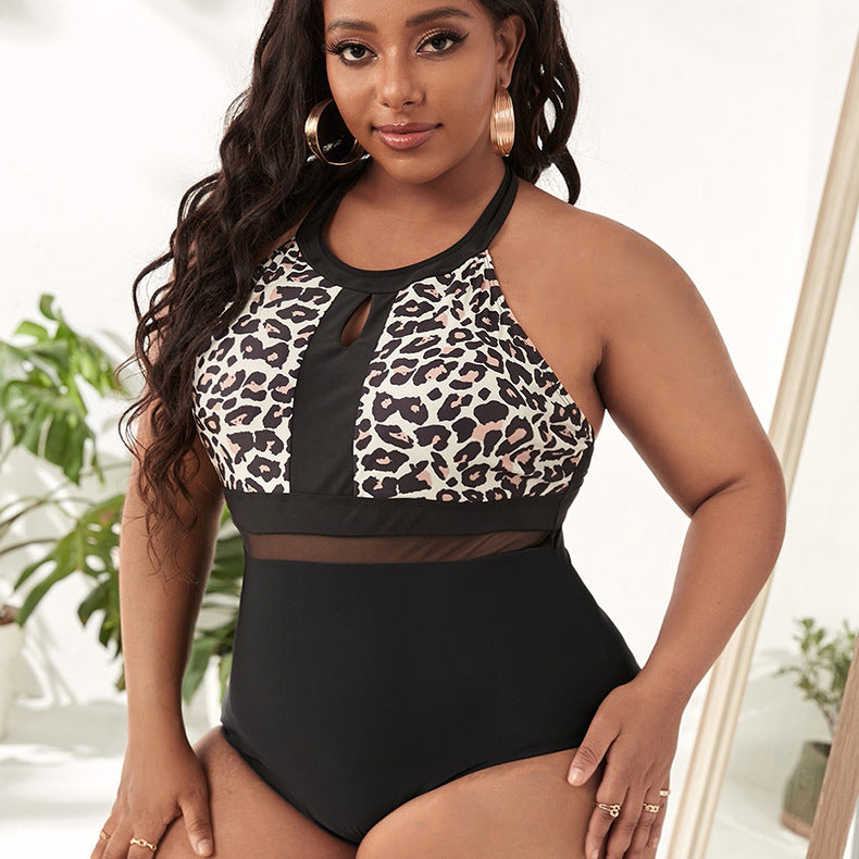 2-Pack Plus-Size Leopard Print Halter One-Piece Swimsuit | Mesh Panel Tummy Control, Belted Bikini with Chest Pad, Stretch Quick-Dry Fabric, Perfect for Summer Vacation Essentials and Pool Cruise Resort Wear