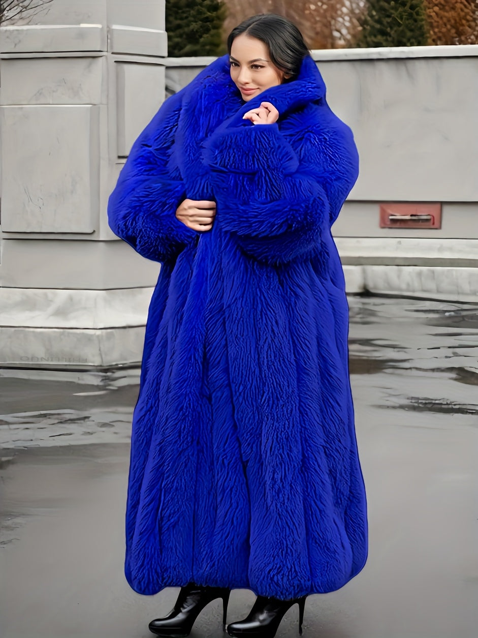 Plus Size - Plus Size Long Faux Rabbit Coat for Women | Stylish and Casual with Elegant Vibe, Non-Stretch Fabric, Lapel Collar, Solid Color, Regular Sleeve, Long Length, Fall/Winter Season