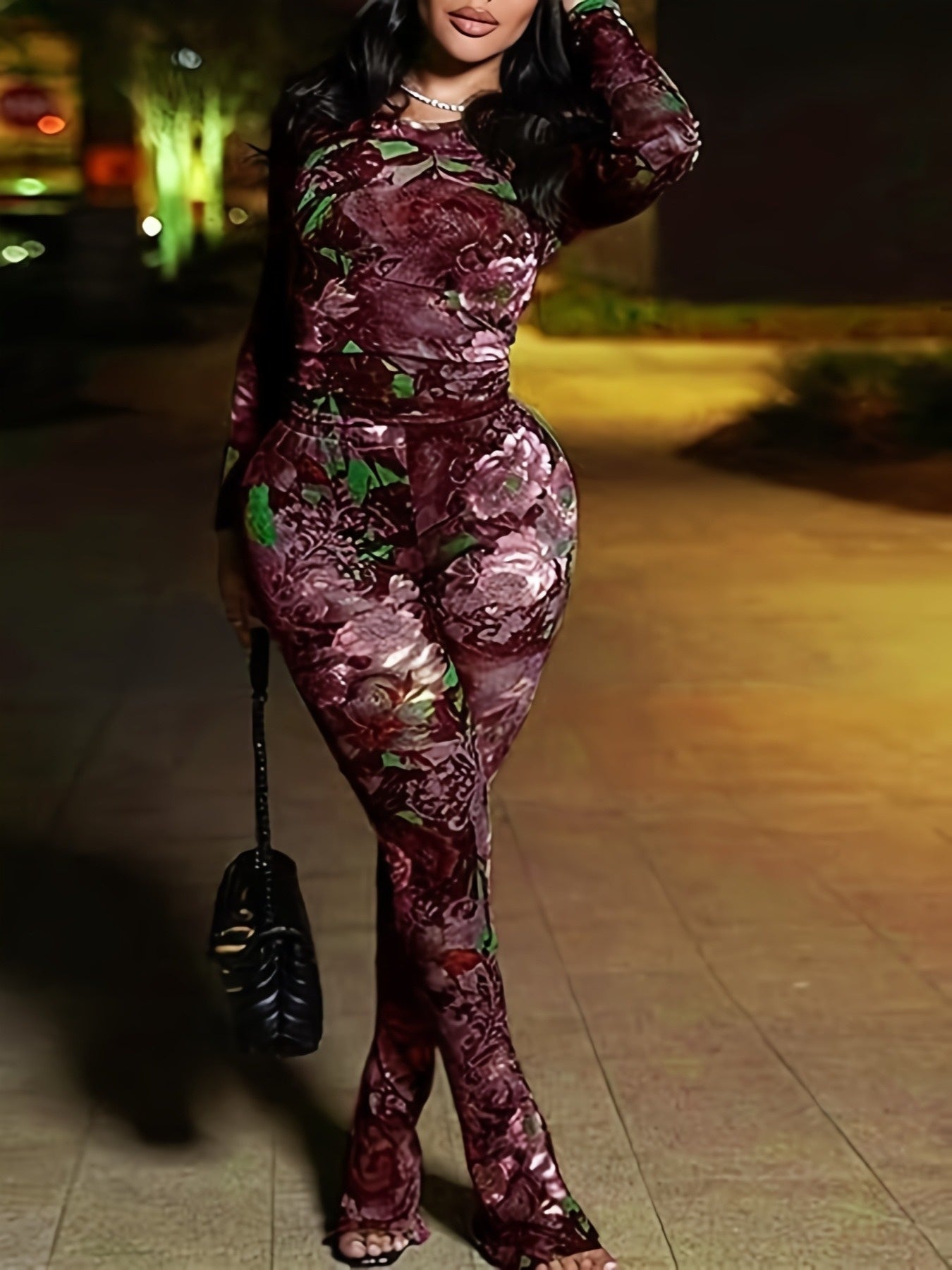 Women Two Piece Set Floral Print See-Through Mesh Long Sleeve Round Neck Top and Pants Set Long Sleeve Round Neck Cropped Top and High Waist Flared Pants Set Y2K Style Suitable for Leisure, Party, Festival