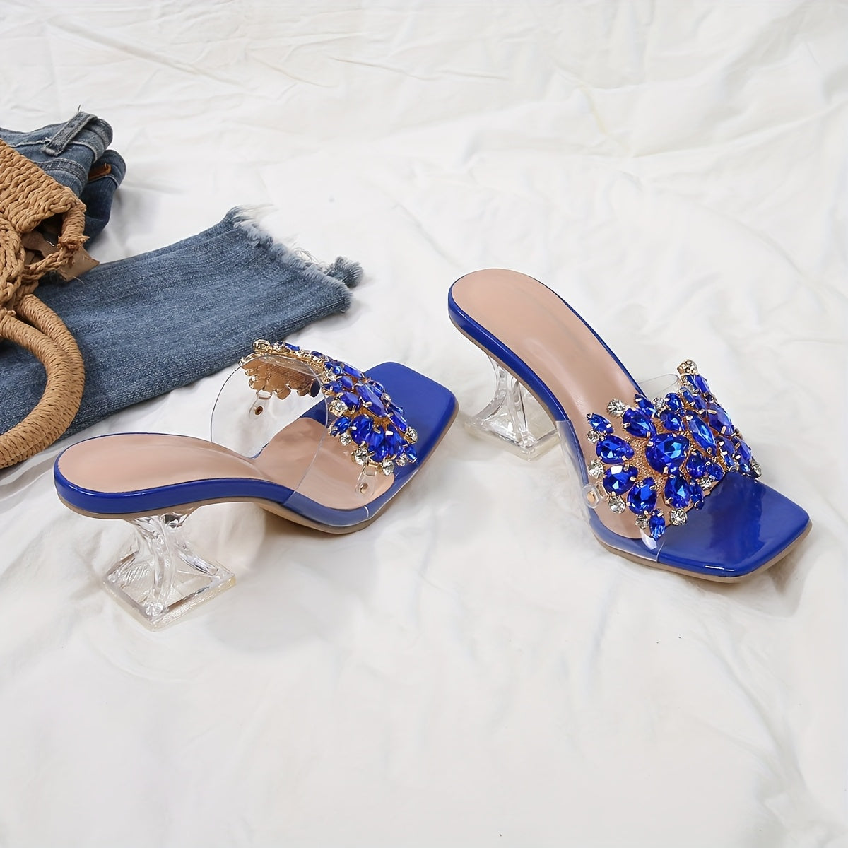 New Women'S High-Heeled Sandals with Transparent Crystal Heels And Rhinestone Embellishments, Perfect for Upscale Parties And Weddings.