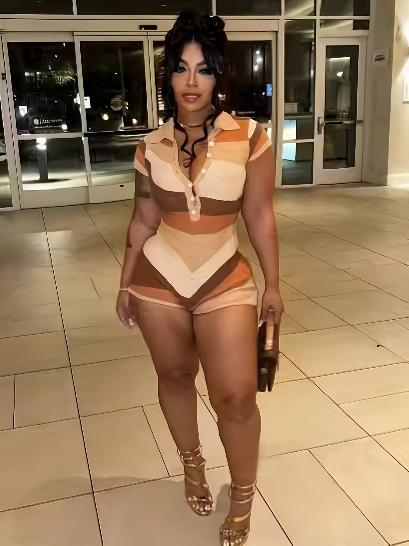 Women's Sexy One-Piece Romper - Beige/Brown/Orange/ - Machine Washable Outfit for Parties, Office, or Casual Attire - Chic Jumpsuit for Women