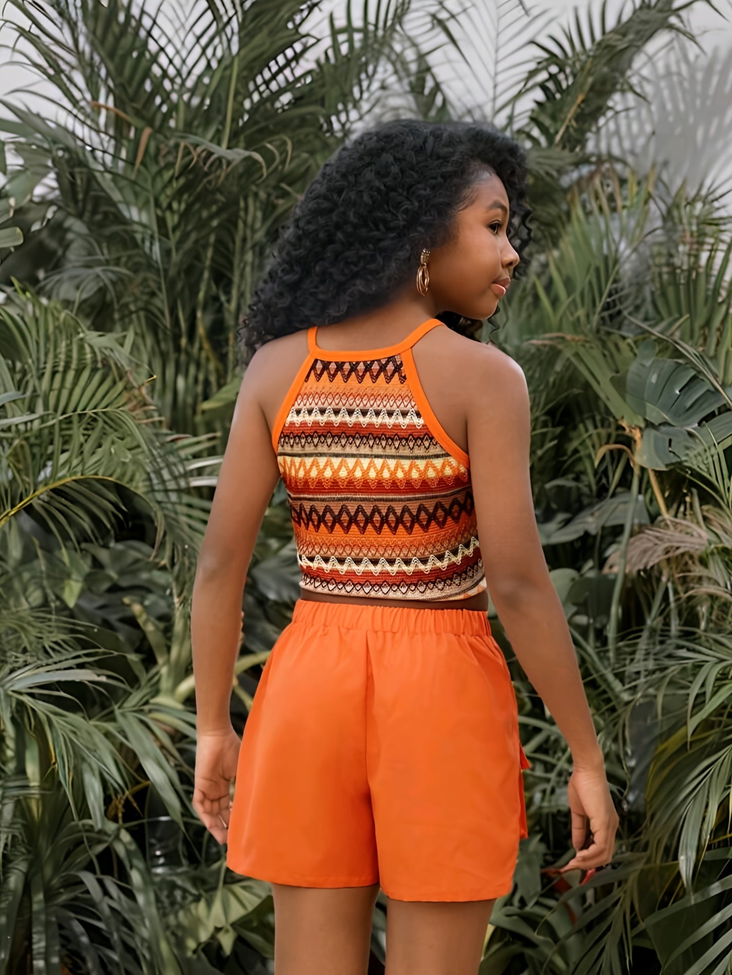 Tropical Chic] Tropical Print Tank Top & Cargo Shorts Set - Off-Shoulder, Asymmetrical Hem, Stretchy Blend, Vibrant Summer Outfit for Women, Vacation Clothing | Asymmetrical Hem Top | Textur, for Outdoor