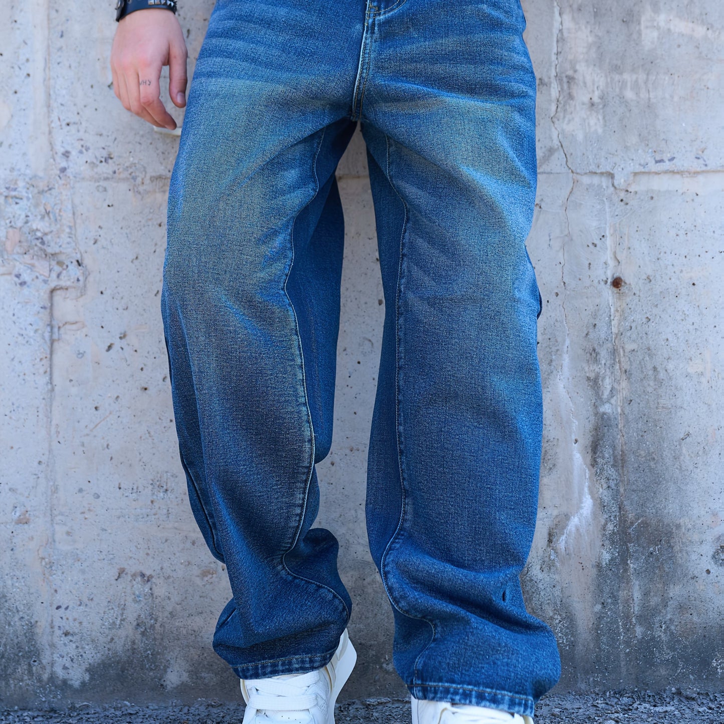 Retro Deep Blue Washed Loose Straight Leg Jeans For Men'S Street Fashion, Simple And Casual Long Pants