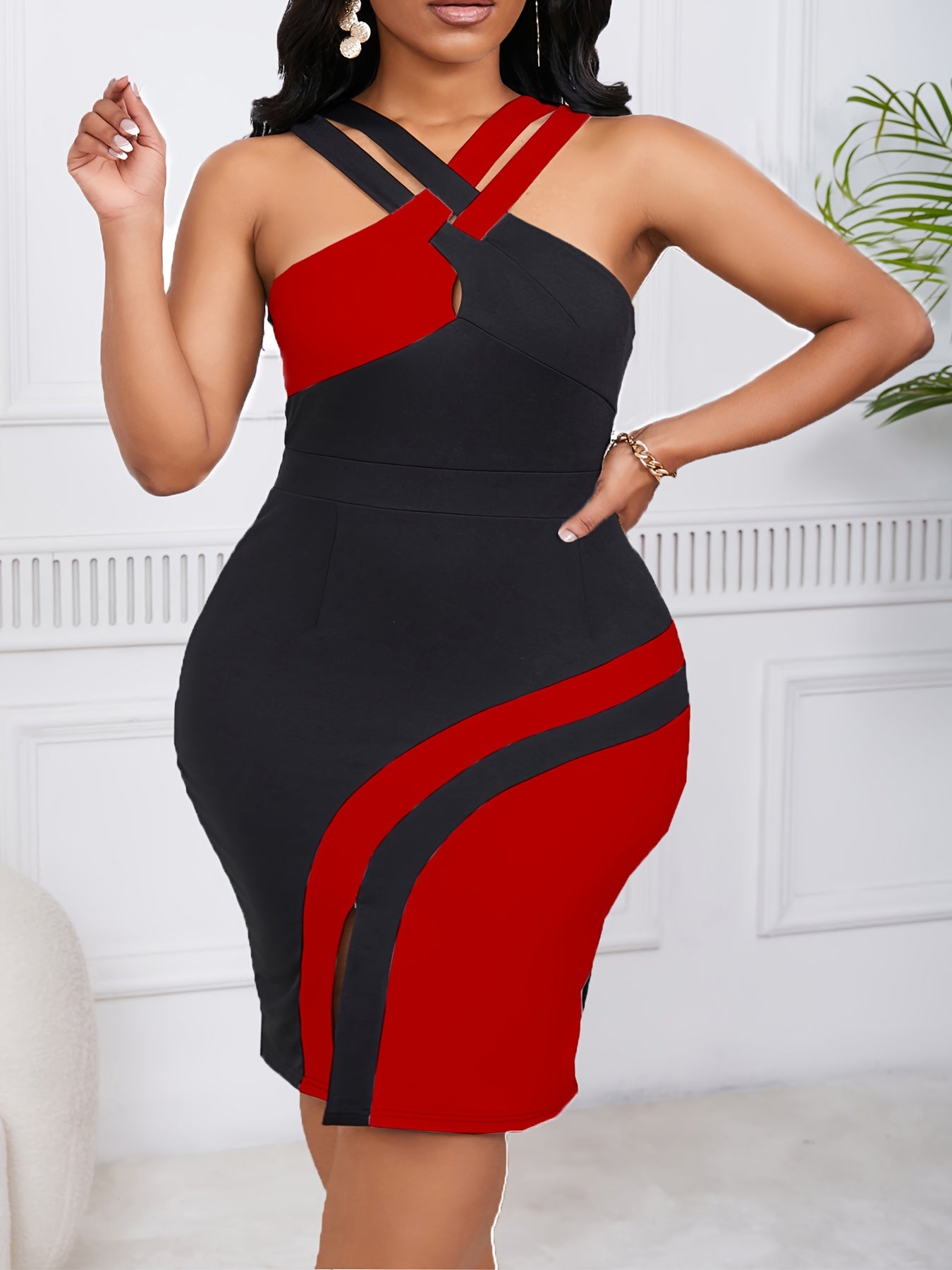 [Elegant Pencil Dress] CHICCLOTH Plus Size Women's Cross Neck Pencil Dress | Black & White Contrast, Machine Washable, Spring Summer Fall Office & Casual Wear, Elegant Collection, Nontransparent Fabric