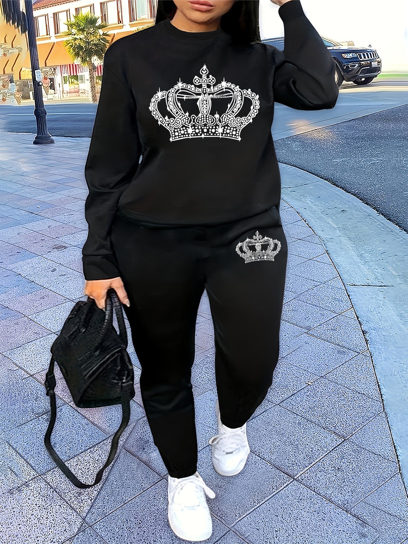 Women'S Casual Crew Neck Sweatshirt & Pants Set - with Crown Print, Fleece-Lined, All-Season Comfort, Casual Attire, Casual Wear, |crown Print Sweatshirt|fleece Lined Pants, Sweater Set