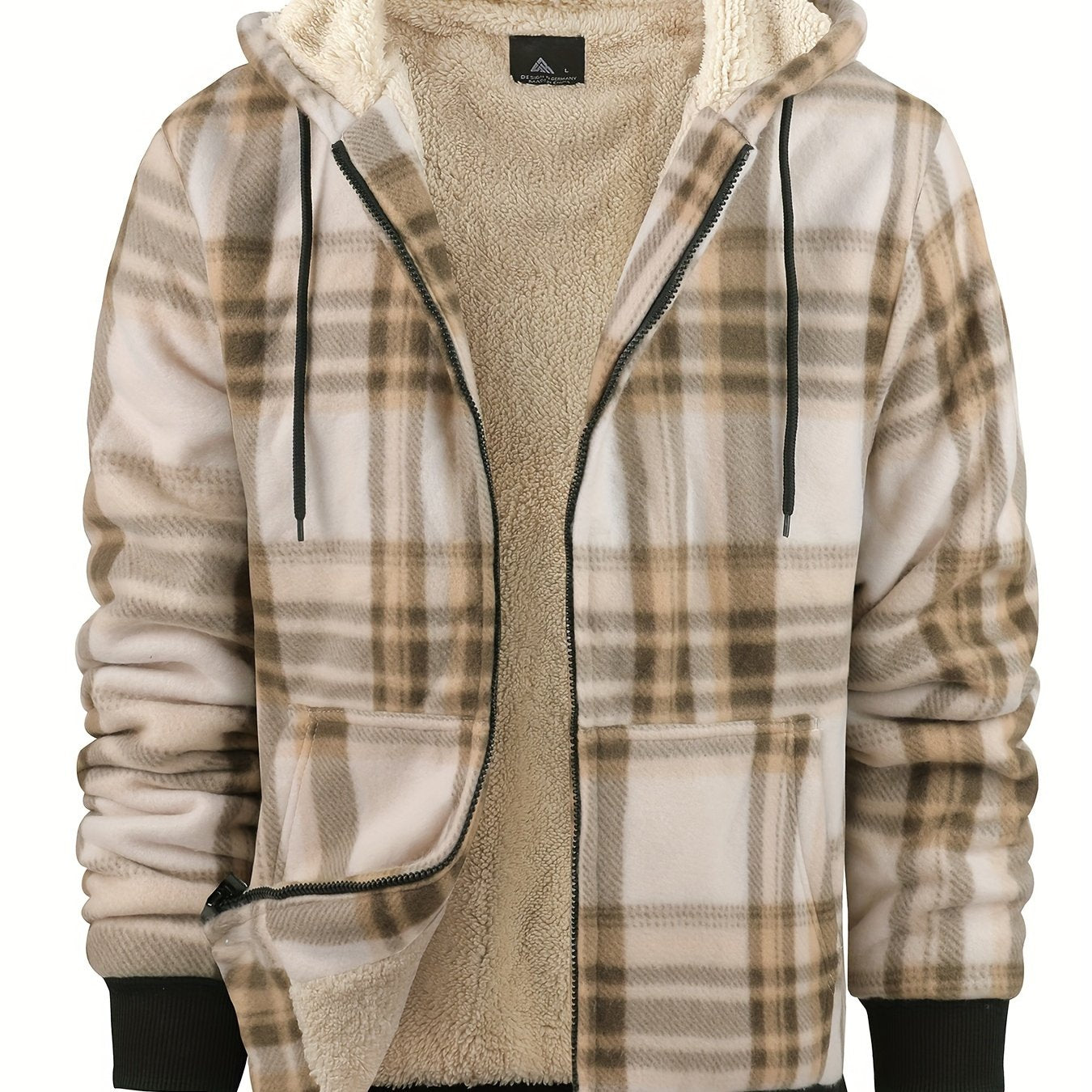 Men's Heavyweight Fleece Hooded Jacket - Full-Zip Sherpa Lining, Thick Winter Coat with Plaid Pattern (Blue/Black/Beige/Brown), Zippered Pockets, Hand Washable, Casual Outerwear for Cold Weather & Everyday Use - Ideal for Ski