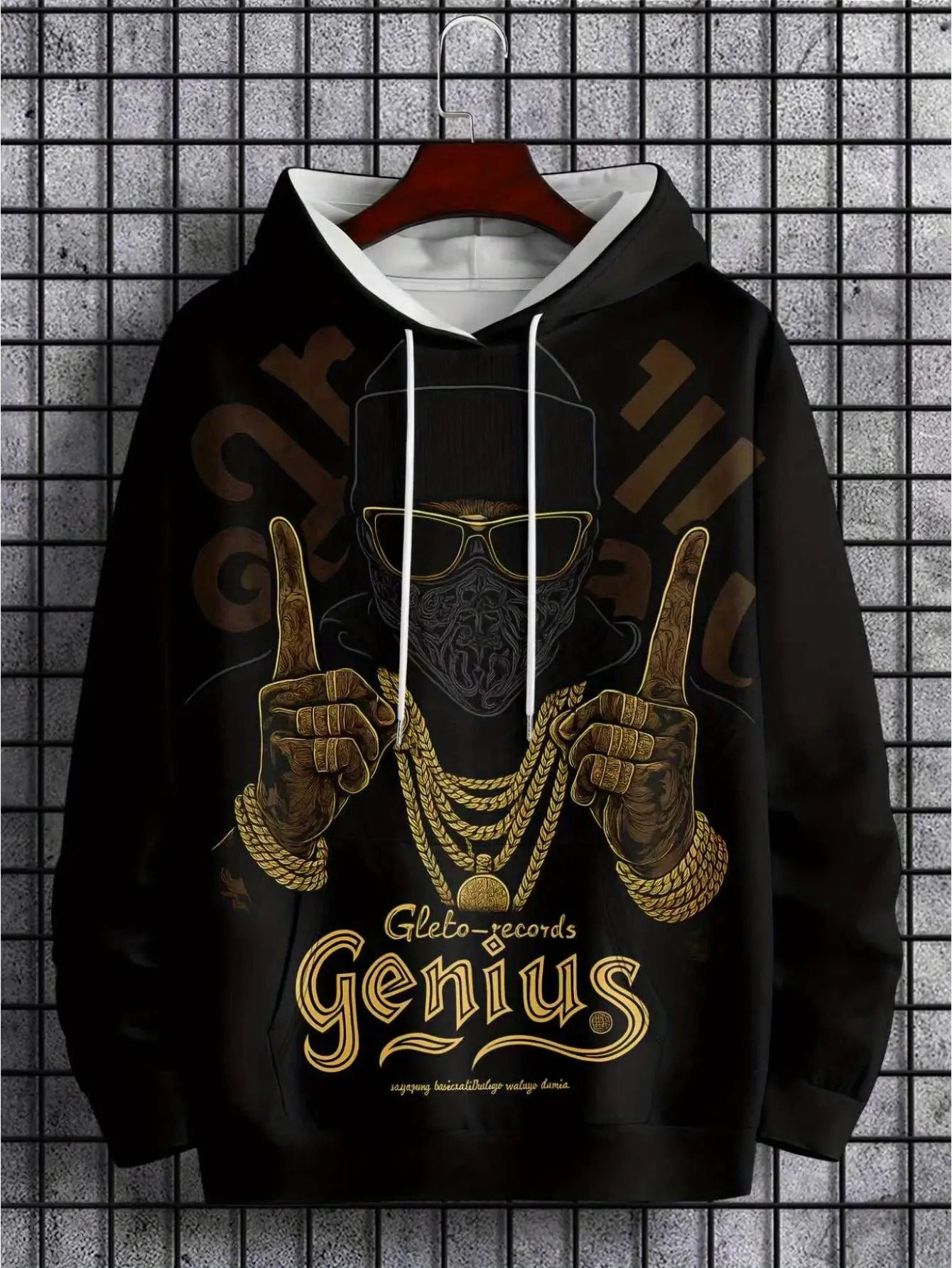 Men'S Oversized 3D Full Print Hooded Sweatshirt with Golden Chain & Dollar Bill Design - Luxury Streetwear Pullover, Machine Washable Black & Golden Hip-Hop Style, Plus Size, Casual Outfits