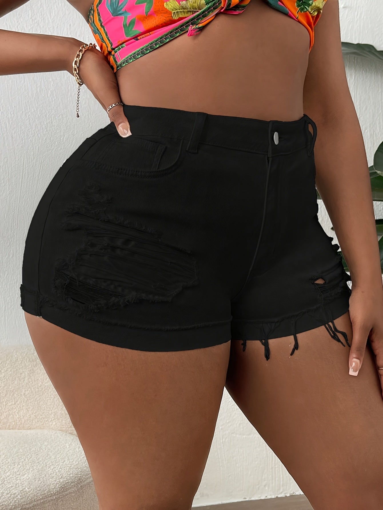 Women Plus Size High Waisted Skinny Stretchy Denim Shorts Casual Summer Frayed Raw Hem Distressed Ripped Short Jeans