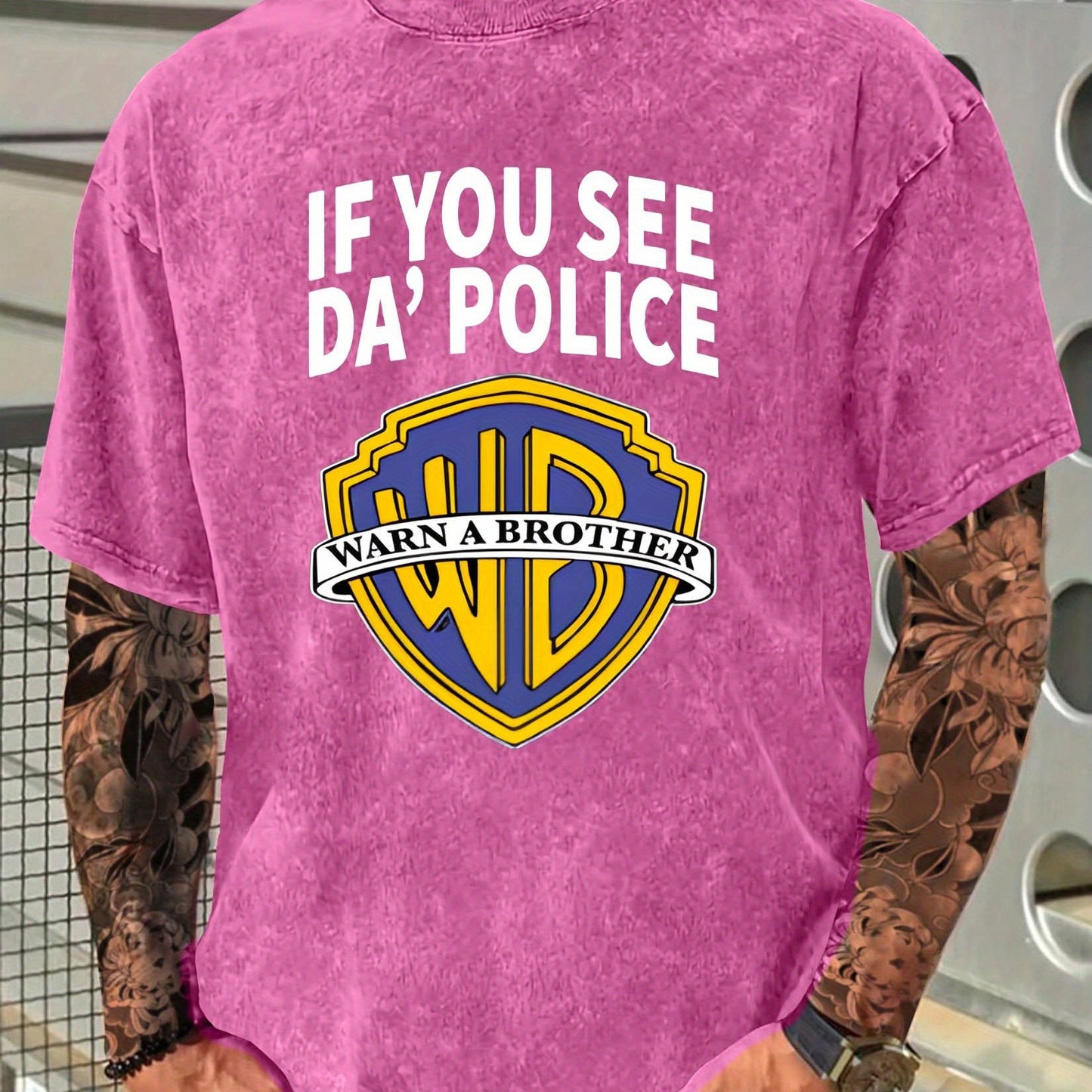 Men's "If You See Da Police" Graphic Cotton T-Shirt - Fun Pop Culture Twist, Distressed Washed Look, Casual Crew Neck Short Sleeve Tee, 230g Thick Cotton, Black with Yellow & White Logo Design, Everyday Clothing | Pop Culture