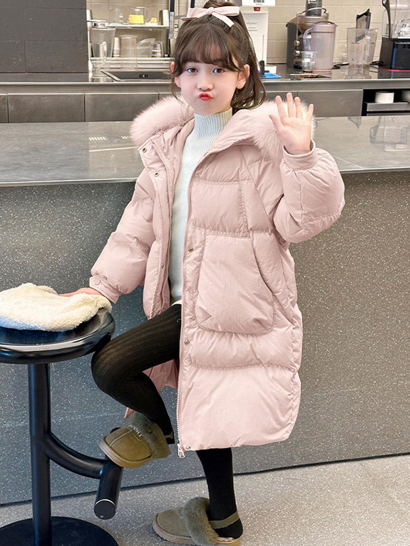 Girls' Winter Warm Jacket with Hooded Faux Fur Collar & Large Pockets - Zipper Closure Cold-Resistant Outer Coat Suitable for Outdoor,, Playdates - Solid Color Winter Clothing Gift for Teen Girls (Hand Washable)
