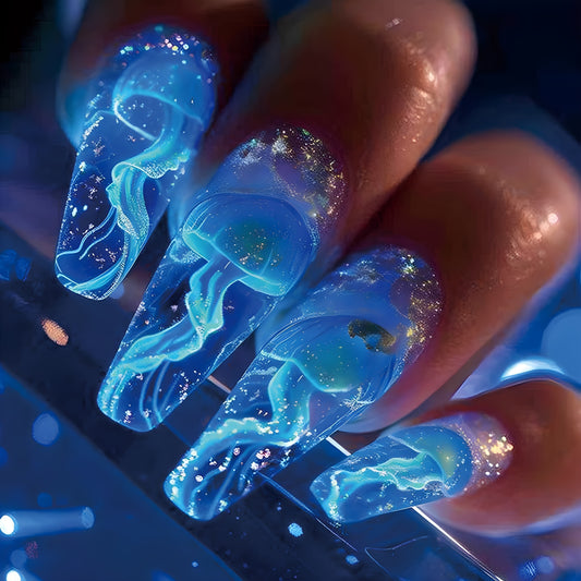 [Glowing Fake Nails] NGMATY 24pcs Gel False Nail Set | Medium Length Blue Jellyfish Coloring Glowing Fake Nails 12 Sizes - Press On Nails