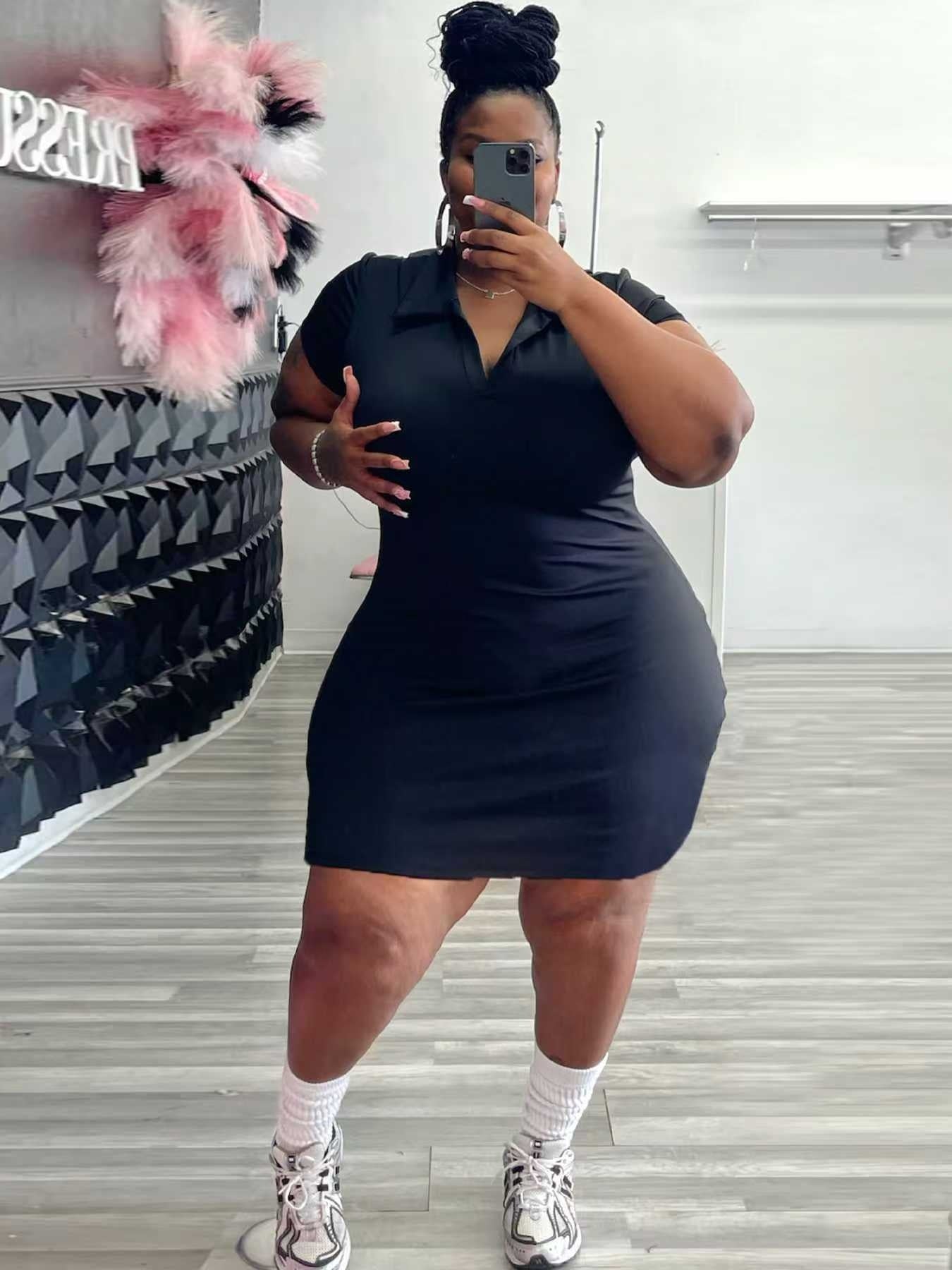 Plus Size Short Sleeve Dress for Women Summer V Neck Bodycon Mini DressCasual Fashion Curve Dress