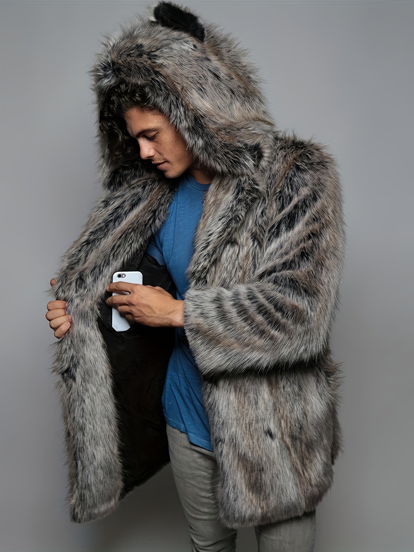 Men'S Luxury Faux Fur Coat - Mid-Length Mink-Like Jacket, Thick Windproof Winter Outerwear with Hood & Full-Zip Closure, Cozy Warm Lining, Casual Loose Fit Streetwear, Geometric Pattern, Lining, Autumn/Winter Jacket for Men (