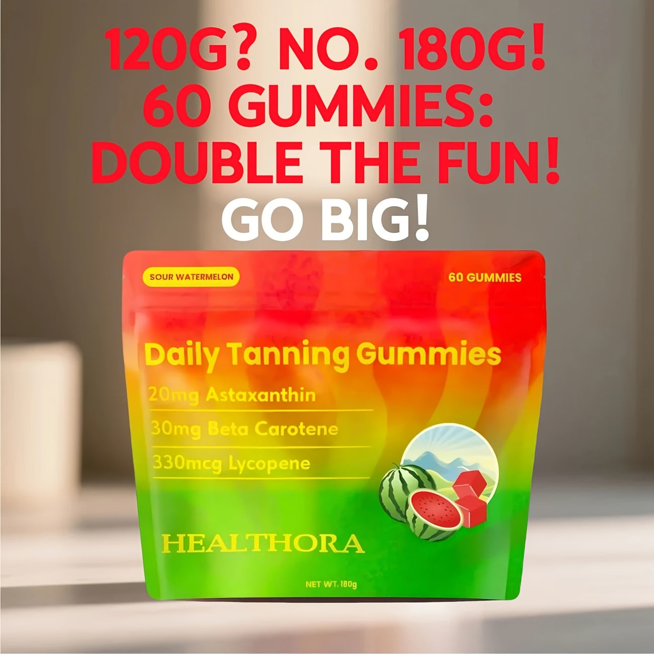 60 Daily Tanning Gummies with Astaxanthin, Tomato Lycopene & Beta-Carotene - 30-Day Supply, Hypoallergenic, 30mg Astaxanthin, 50mg Niacinamide, 125mg Cholecalciferol, 8000mg Beta Carotene, Summer Glow Supplement, Fruit Antiox