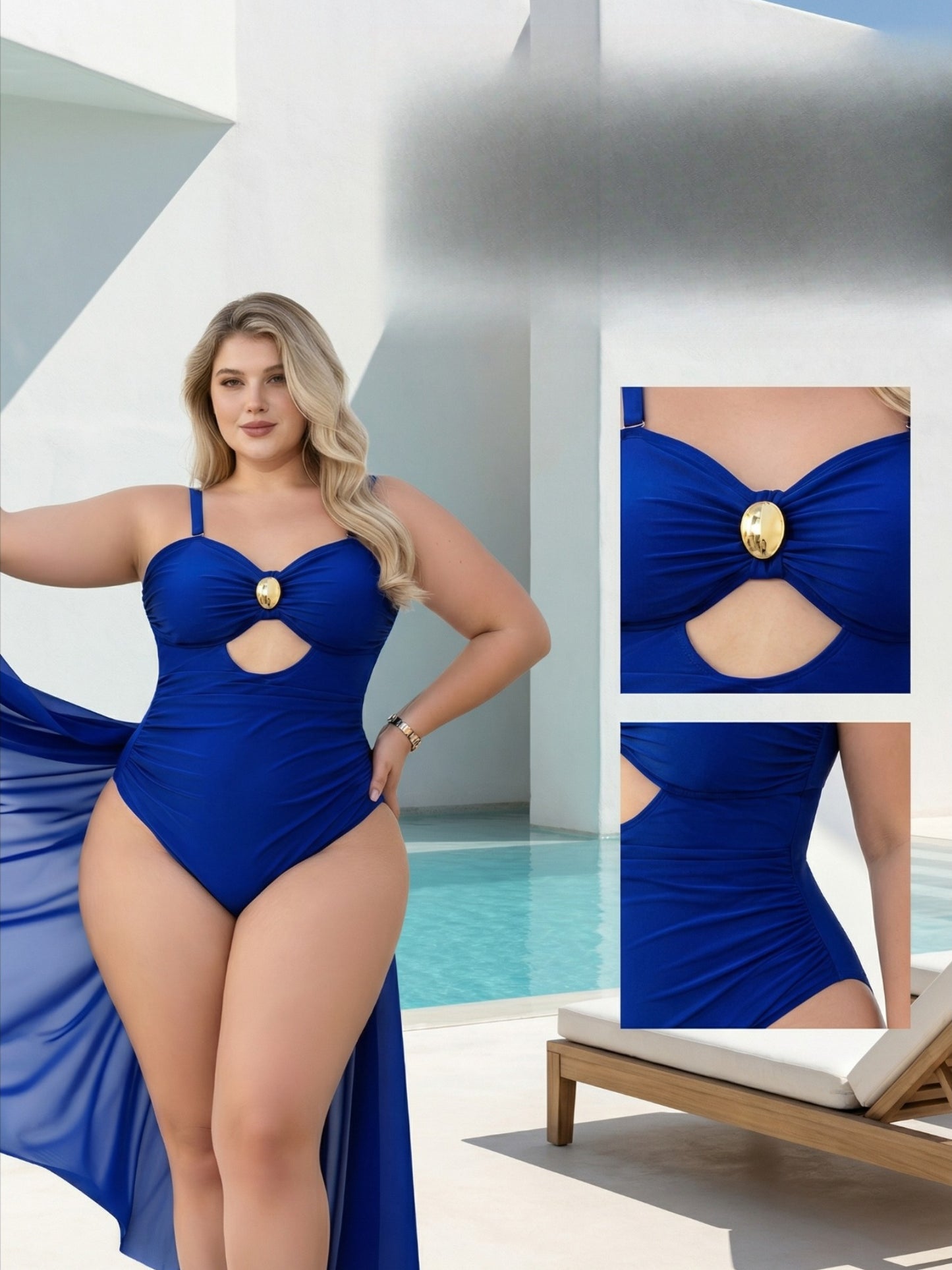 Navy Blue Plus Size One-Piece Swimsuit with Mesh Long Skirt, Metal Buckle Hollow Out Tummy Control Swimwear, Essential for Vacation Beach Hot Spring