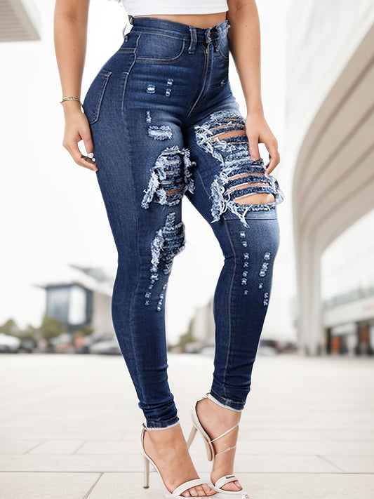 Ripped High Waisted High Stretch Tight Jeans, Comfortable Casual Jeans, Suitable For Daily Wear, Women's Jeans And Clothing