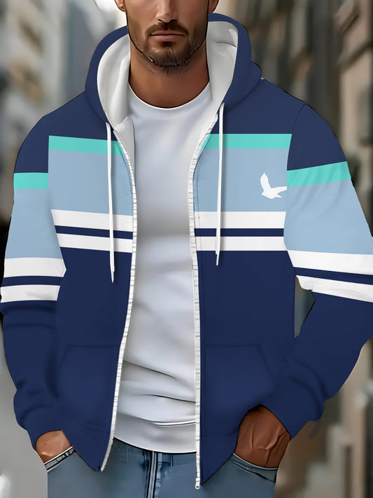 Men'S Lightweight Hoodie - Navy Blue & Aqua Stripes Zip-Up Pullover, Breathable Polyester Hooded Sweatshirt for Gym, Hiking, Casual Outfits - Athletic Casual Attire with Full-Zip Closure, Gym Hoodie, Outdoor Apparel, Sporty D