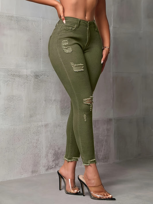 Military Green High-waisted Ripped Frit Skinny Jeans, Slim And to Instantly Transform Into Long Legs, Fashionable And Versatile Casual Skinny Jeans, Women's Skinny Jeans