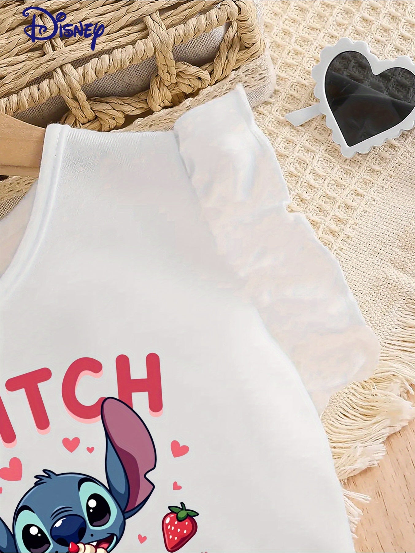 Stitch & Strawberry "Berry Sweet" Two-Piece Kids' Outfit - Cute Cartoon Print Top with Ruffled Edges & High-Waisted Shorts, Perfect for Summer Outdoor Activities, Outdoor Play Attire|Playful Design|Stretchy Fabric