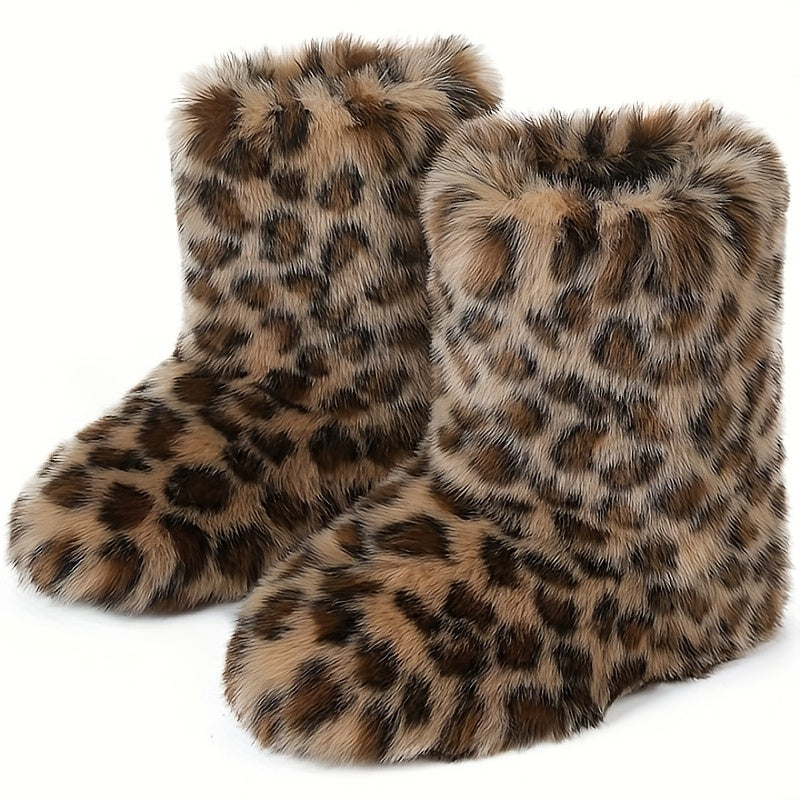 Women'S Faux Fur Boots, Winter Mid-rise Boots, Fluffy And Fashionable Cropped Snow Boots