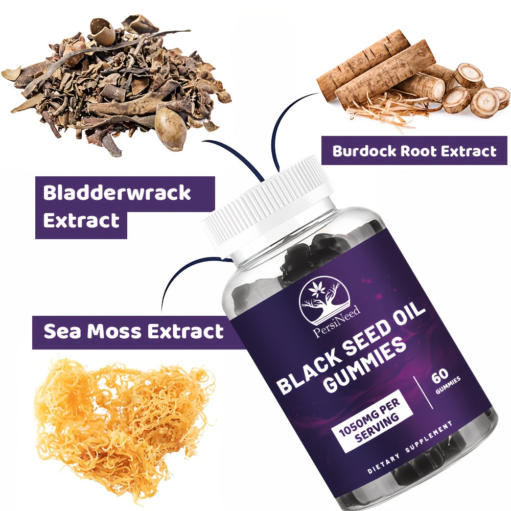 120pcs Of Black Seed Oil Gummies, Containing 1000 Milligrams Of Black Grass Oil, 50 Milligrams Of Honey Extract, And South African Irish Seaweed, Suitable for Both Men And Women, Natural Ingredients, Energy Supplements, And A
