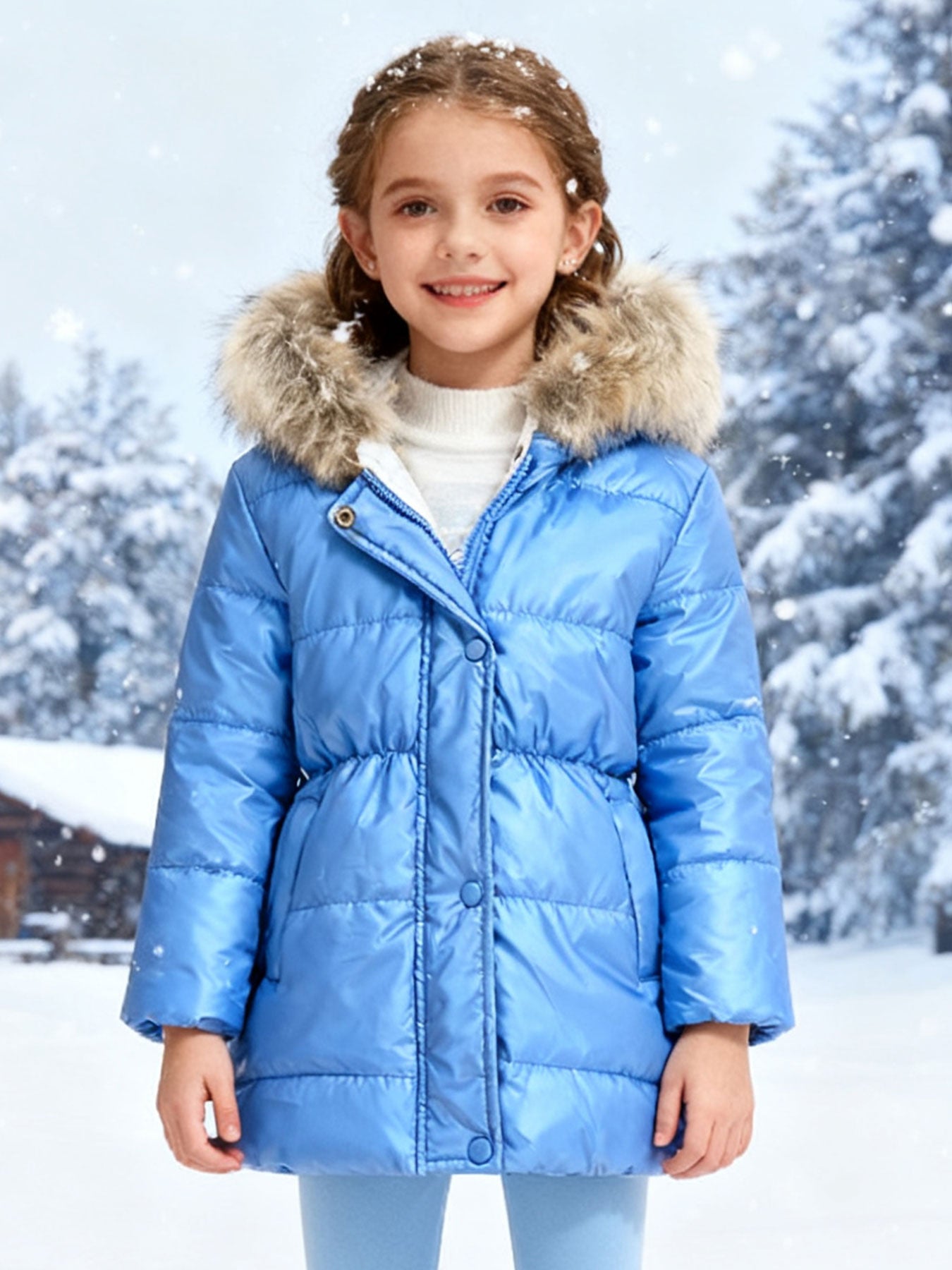 Girls' Multicolor Thickened Hooded Jacket | Mid-Length, Autumn & Winter Warm Windproof Outerwear, Suitable for Outdoor Camping and Daily Casual Style, with Pockets and Lining.
