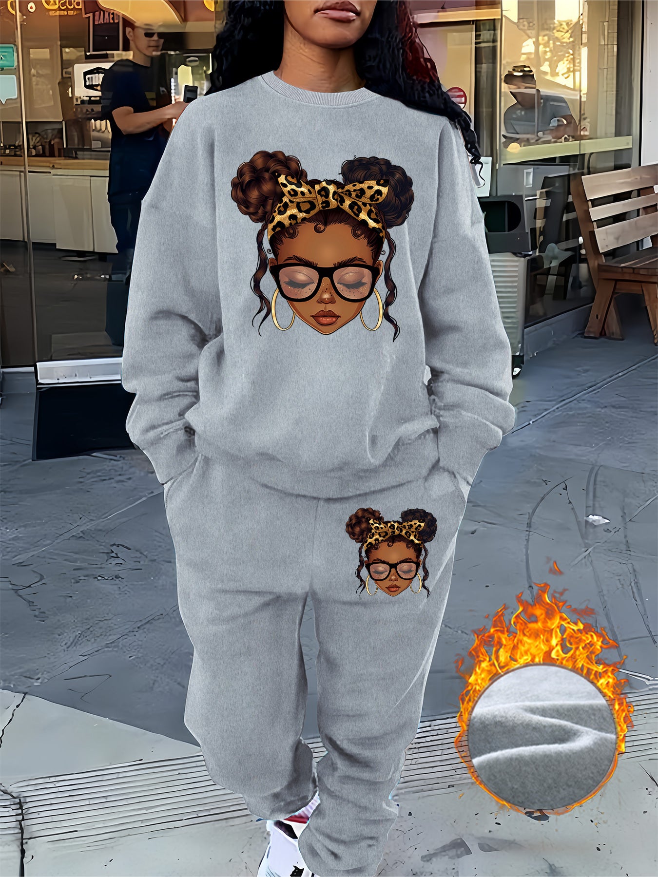 Graphic Print Two Piece Set, Crew Neck Sweatshirt & Pants, Women's Clothing