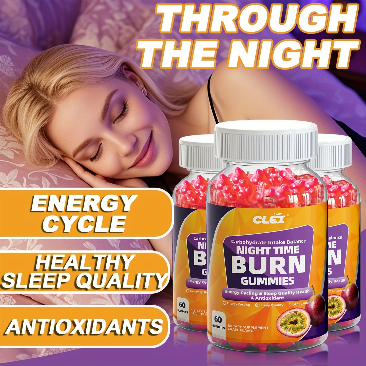 CLEI-NIGHT TIMEBURN Antioxidant Gummies with White Kidney Bean Extract, Green Coffee Bean Extract, Lemon Balm, Melatonin & Passionflower - 60 Gummies for Sleep Aid, Mood Support & Nighttime Digestion, Gentle Nighttime Formula