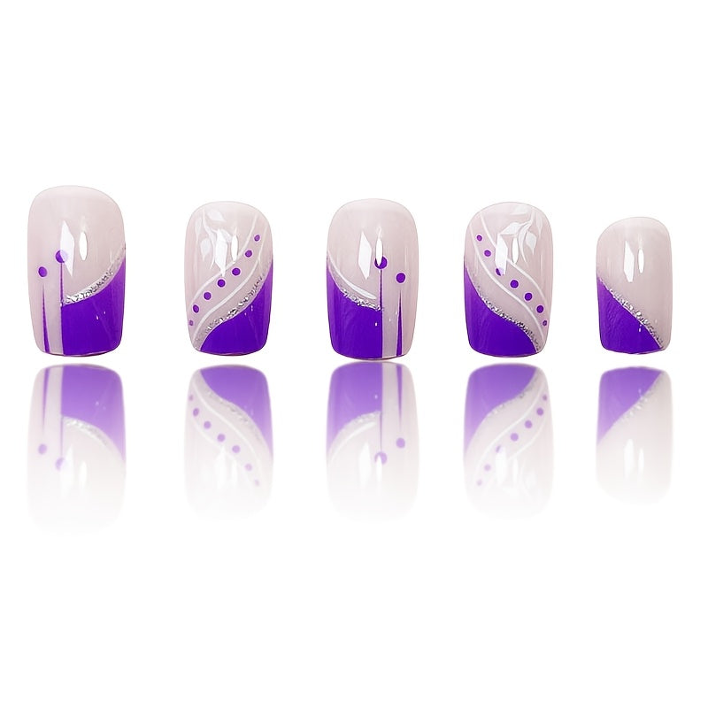 24pcs Elegant French Style Purple Tone Medium Length Square Nail Set, Glossy Finish, with Golden and Silvery Accents, Floral and Geometric Patterns, for Daily Wear and Special Occasions